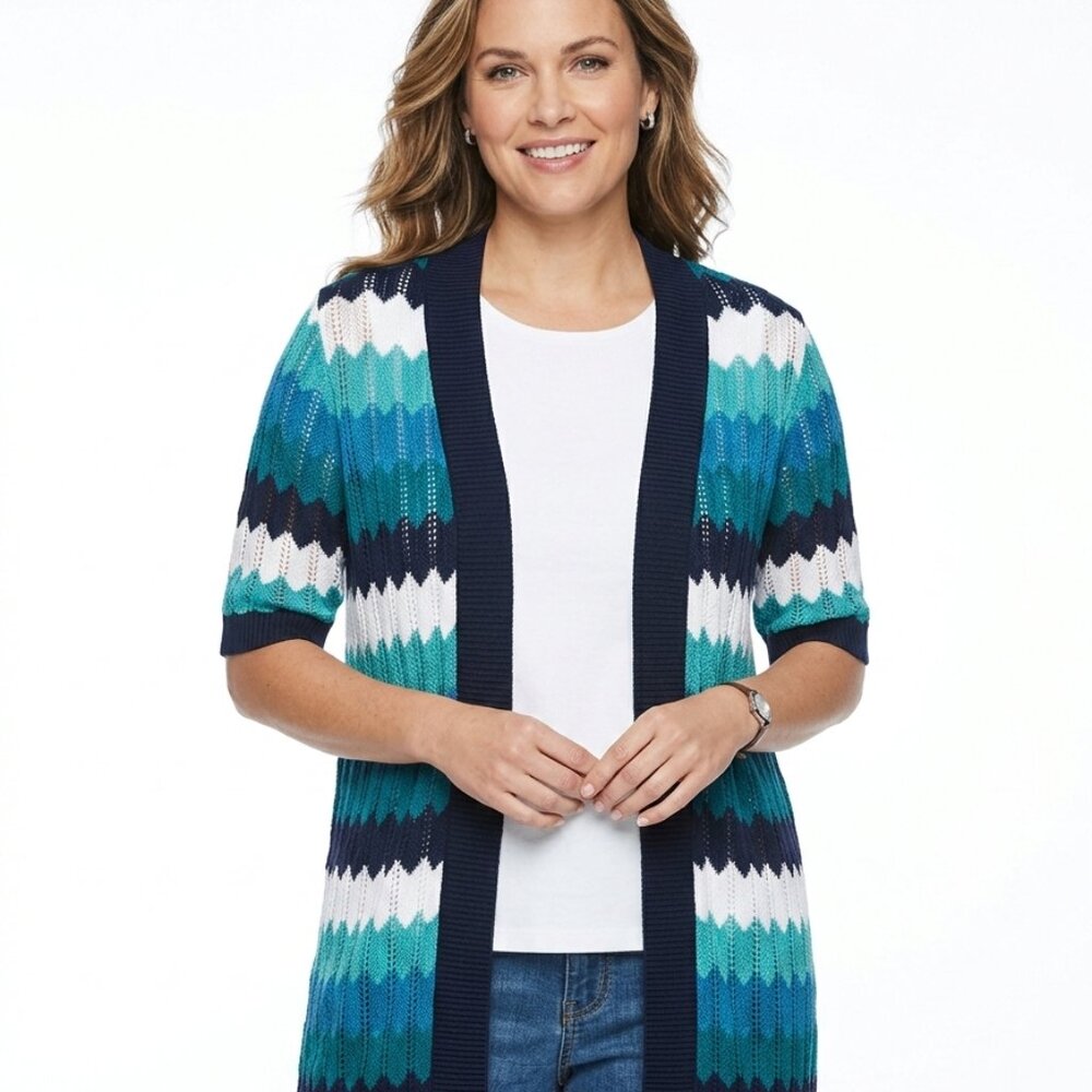 CROFT & BARROW BRAND Women's Navy, Teal & White Knitted  Cardigan  - M